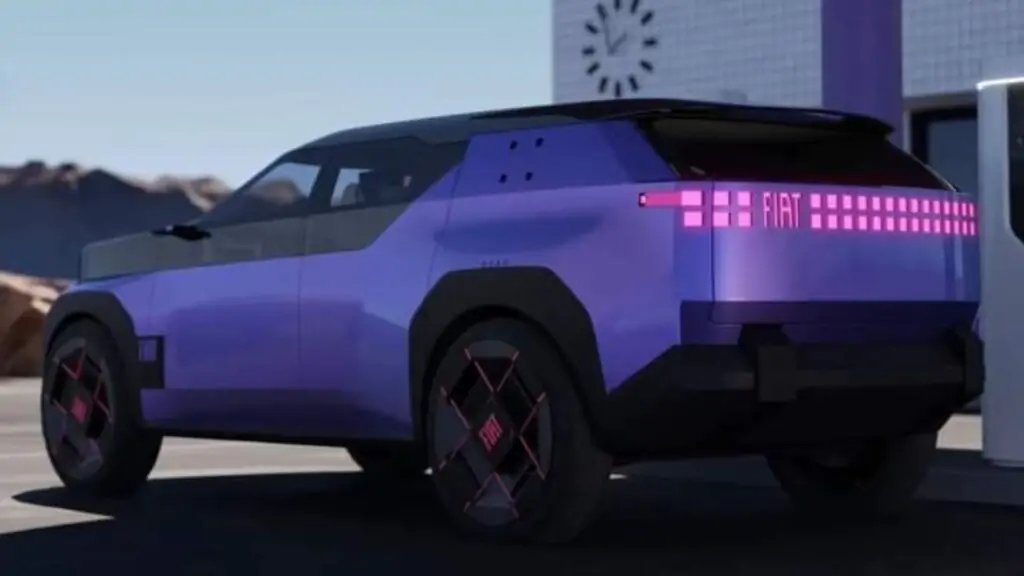 suv de 7 lugares da fiat Vista traseira de SUV elétrico conceito da Fiat em cor roxa, com luzes traseiras em LED e carregamento elétrico