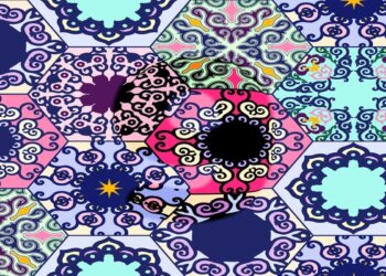 Teste visual com um padrão hexagonal repetido com desenhos abstratos e coloridos em tons de azul, rosa, verde e preto