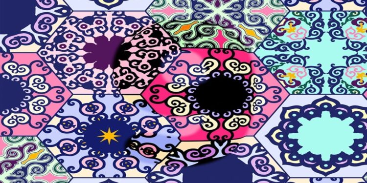 Teste visual com um padrão hexagonal repetido com desenhos abstratos e coloridos em tons de azul, rosa, verde e preto