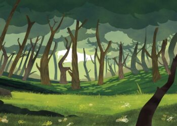 Teste de QI com um desenho da floresta com árvores altas, gramado verde e iluminação suave ao fundo