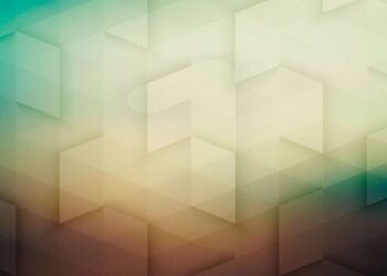Teste visual com um fundo abstrato com padrão geométrico de cubos em tons de verde, bege e marrom com efeito degradê