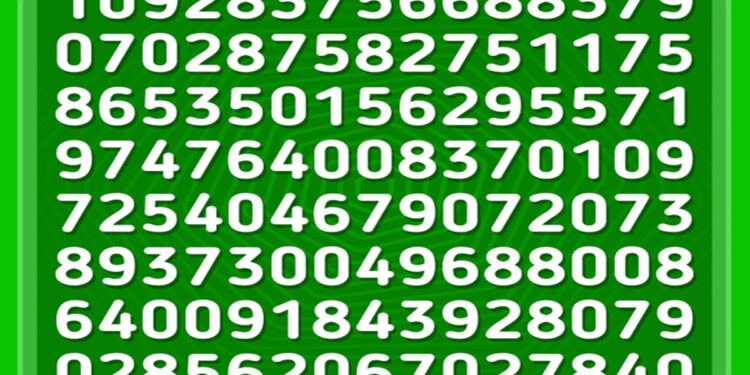 Teste visual com uma sequência longa de números brancos dispostos em linhas sobre fundo verde com borda arredondada