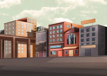 Teste visual com uma ilustração de prédios residenciais e comerciais ao lado de uma estrutura elevada em ambiente urbano calmo.