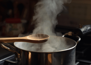 Panela de inox com vapor saindo e colher de pau sobre fogão aceso em cozinha