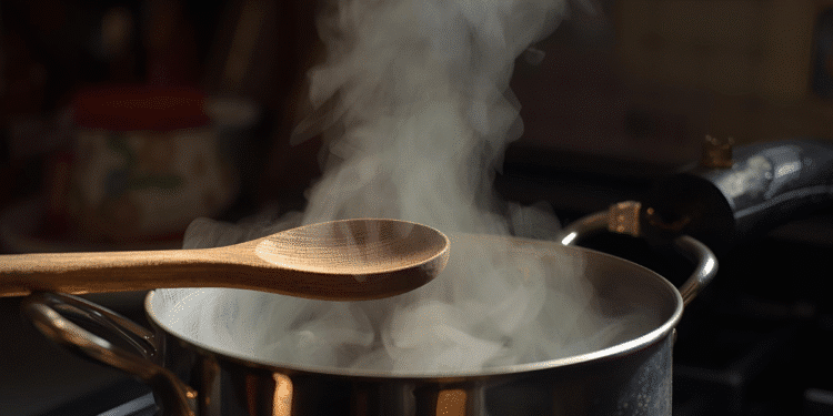 Panela de inox com vapor saindo e colher de pau sobre fogão aceso em cozinha