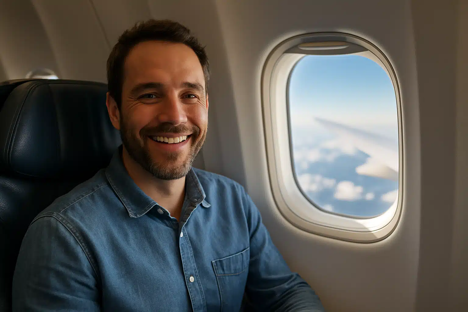 Homem feliz viajando de avião Homem sorrindo sentado em poltrona de avião ao lado da janela