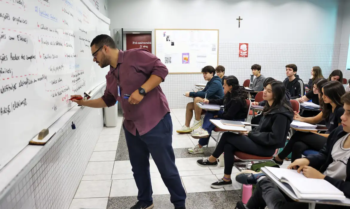 PND MEC - Avaliação e Formação Docente Professor escrevendo em um quadro branco para alunos em uma sala de aula, ilustrando a importância da Prova Nacional Docente (PND), iniciativa do MEC para avaliar e valorizar o magistério.