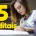 Candidata escrevendo anotações com número 5 amarelo em destaque representando cinco editais bancários previstos