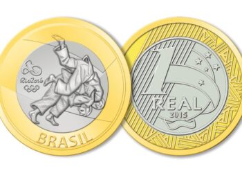 Moeda comemorativa de 1 Real, do ano de 2015 (Rio 2016), com o desenho da modalidade Judô. Esta peça pode valer até R$ 250 no mercado de colecionadores por causa de um defeito de cunhagem.