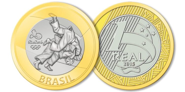 Moeda comemorativa de 1 Real, do ano de 2015 (Rio 2016), com o desenho da modalidade Judô. Esta peça pode valer até R$ 250 no mercado de colecionadores por causa de um defeito de cunhagem.