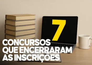 Imagem ilustrativa sobre concursos que encerram inscrições, com a exibição do número 7 em destaque e livros ao fundo.