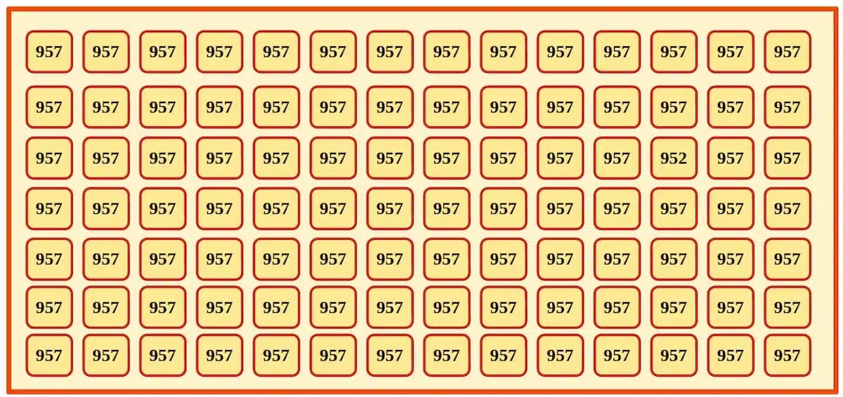 Desafio de Localizar o Número 952 Imagem com uma grade cheia de números 957, com um único número 952 escondido.