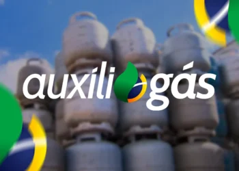 Imagem sobre o Auxílio Gás, com o logo e cilindros de gás ao fundo.