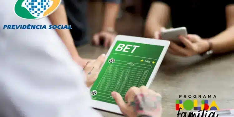 Imagem ilustrativa sobre a proibição de apostas em plataformas de bet para beneficiários do Bolsa Família e BPC. Mostra uma pessoa utilizando um tablet com tela de apostas ao lado do logo do programa Bolsa Família e do logo da Previdência Social.