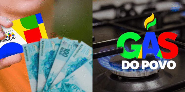 Cartão do Programa Bolsa Família e fogão aceso com logotipo do Gás do Povo, programas sociais do Brasil que oferecem apoio financeiro e subsídio de gás para a população.