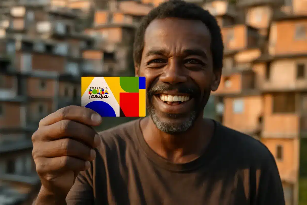 Pagamento para beneficiários do NIS 5 e antecipação para NIS 6 Homem sorrindo enquanto segura o cartão do Programa Bolsa Família, destacando o o pagamento para NIS final 5 e 6.