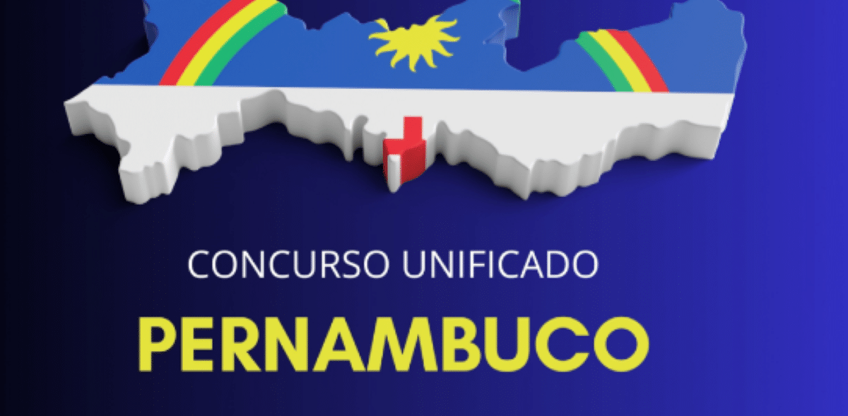 Mapa de Pernambuco com as cores e símbolos da bandeira do estado e texto “Concurso Unificado Pernambuco”.