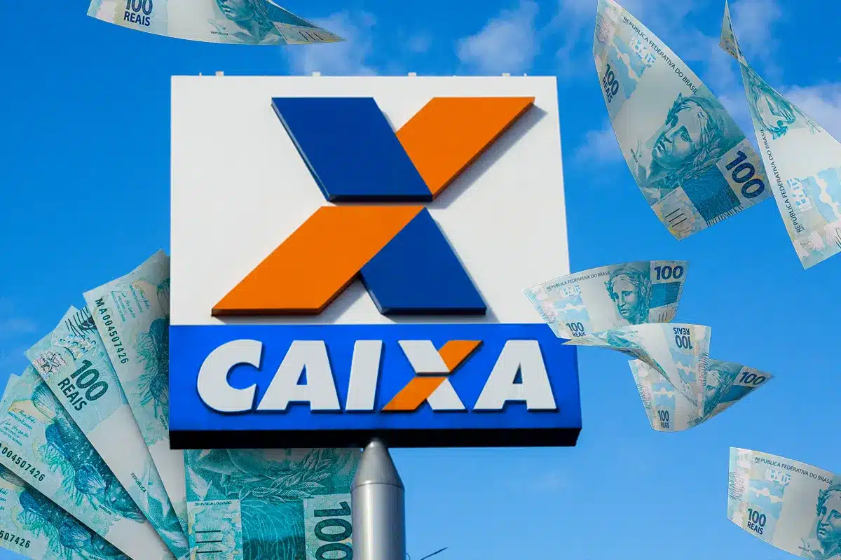 Pagamento de R$ 200 da CAIXA - Programa Pé-de-Meia Logo da CAIXA com notas de R$ 100 flutuando ao fundo, simbolizando o pagamento de R$ 200 para estudantes do programa Pé-de-Meia.