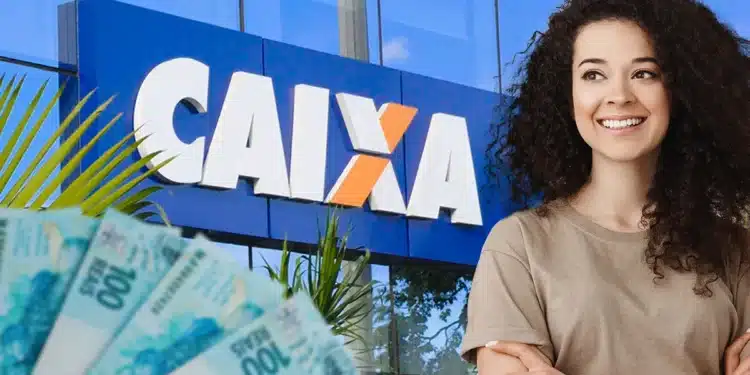 Pessoa sorrindo ao lado da fachada da CAIXA, com cédulas de R$ 100 visíveis, representando o saque de R$ 6.220.