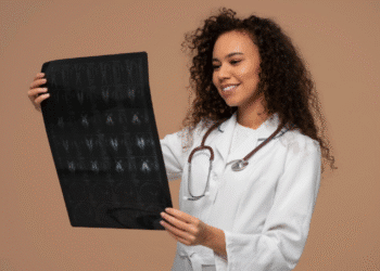 Mulher técnica em radiologia com jaleco e estetoscópio, segurando uma chapa de raio-x, ilustrando uma matéria sobre profissões com alta remuneração.