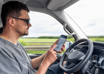 Motorista checando o celular com aplicativo de navegação, representando o trabalho com atividade remunerada.