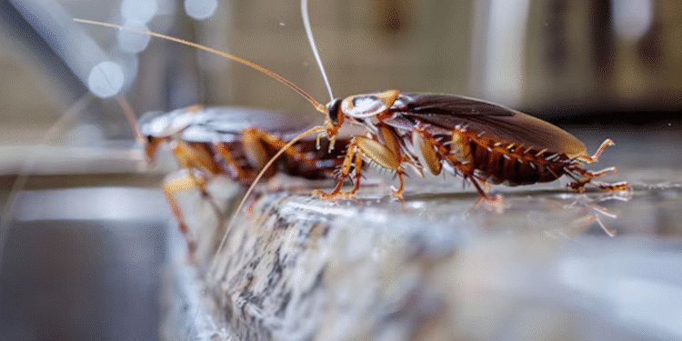 Close de barata em cozinha residencial mostrando problema de infestação e necessidade de controle de pragas