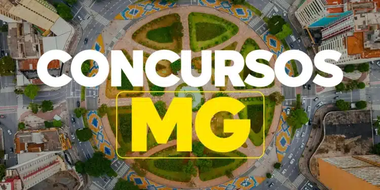 Vista aérea de um rotatória em forma circular com texto branco e amarelo indicando concursos MG