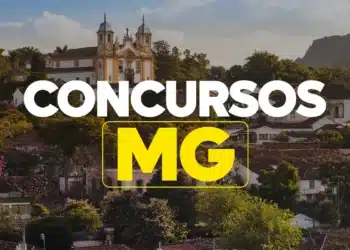 Paisagem histórica de Minas Gerais com igreja e casarios coloniais, sobreposta com texto 'CONCURSOS MG'