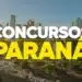 Vista aérea de Curitiba com destaque para texto concursos Paraná em amarelo e branco