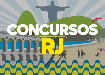 Imagem promocional do concurso do TJ-RJ com destaque para o Cristo Redentor e o Arcos da Lapa no Rio de Janeiro.