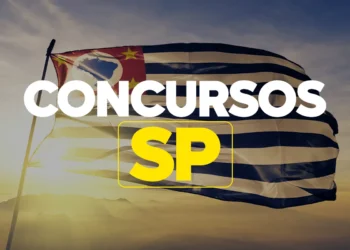 Bandeira de São Paulo tremulando ao pôr do sol com o texto Concursos SP em destaque