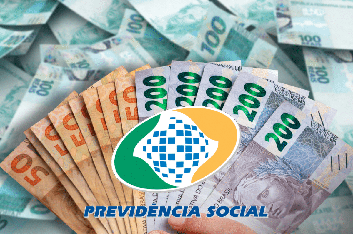Imagem ilustrativa mostrando cédulas de reais, incluindo as de 50, 100 e 200, com logo da Previdência Social, relacionada ao pagamento de até R$ 8.157,41.