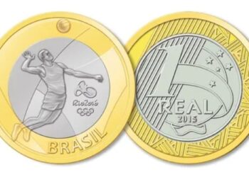 Moeda de 1 Real comemorativa da modalidade Voleibol dos Jogos Olímpicos Rio 2016, uma peça procurada por colecionadores e com previsão de alta no valor até 2026 devido a detalhes raros.