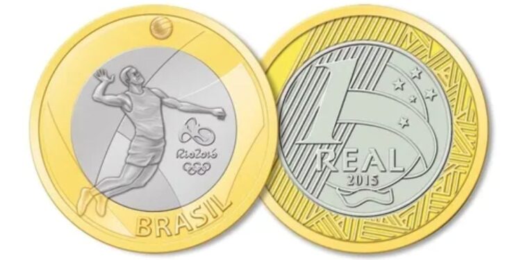 Moeda de 1 Real comemorativa da modalidade Voleibol dos Jogos Olímpicos Rio 2016, uma peça procurada por colecionadores e com previsão de alta no valor até 2026 devido a detalhes raros.