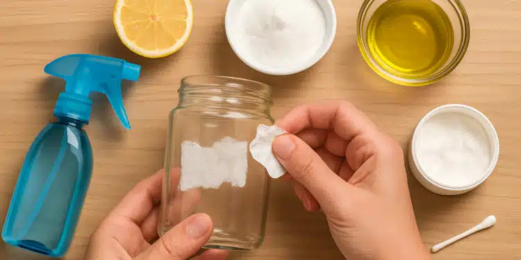 Pessoa removendo um rótulo de frasco de vidro com algodão e ingredientes naturais como limão, óleo e bicarbonato