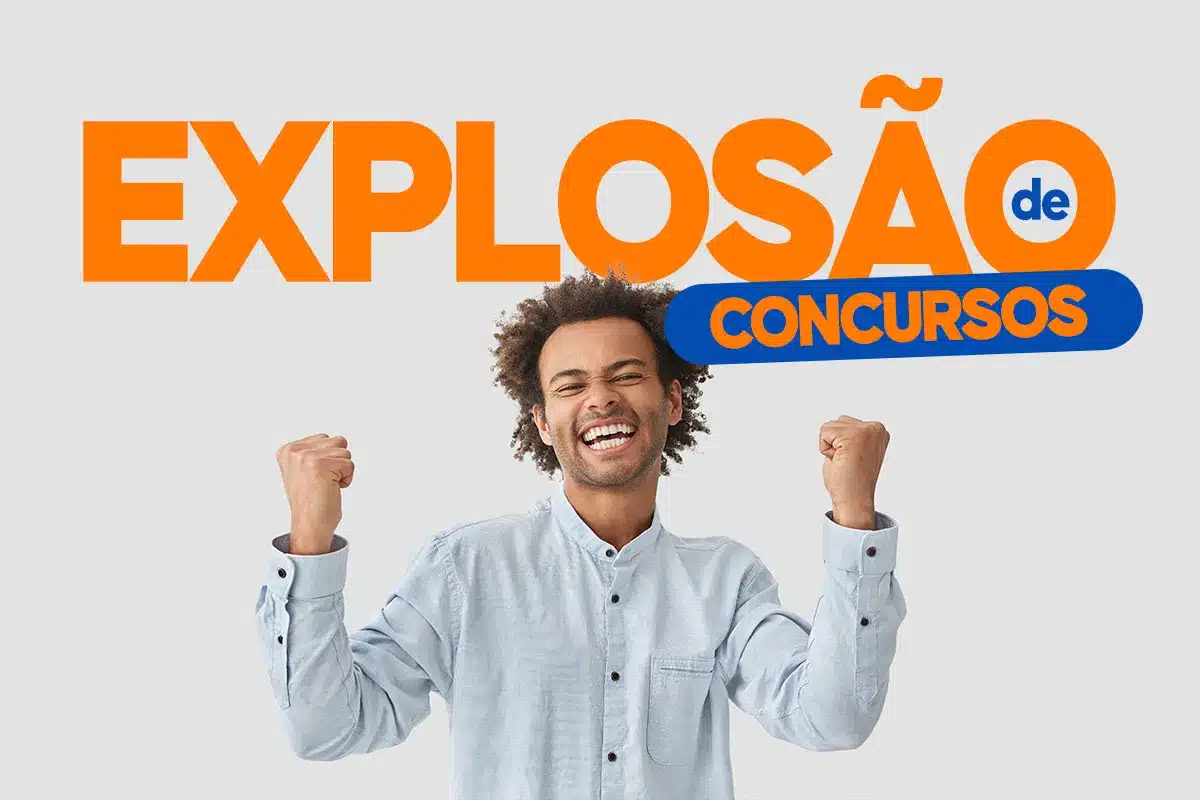 Concursos públicos Imagem de um homem sorrindo, comemorando com os punhos cerrados, com o texto 'Explosão de Concursos' ao fundo, destacando a oportunidade de transformar sua carreira profissional com a previsão de mais editais.