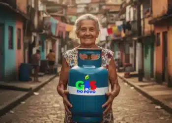 Idosa segurando botijão de gás com o logo do programa Gás do Povo, em uma comunidade de rua.
