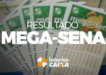 Bilhetes de Mega-Sena exibidos em leque com destaque para o resultado do sorteio e marca da Loterias Caixa.