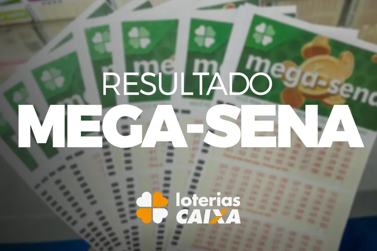 Bilhetes de Mega-Sena exibidos em leque com destaque para o resultado do sorteio e marca da Loterias Caixa.
