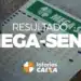 Bilhetes de Mega-Sena exibidos em leque com destaque para o resultado do sorteio e marca da Loterias Caixa.