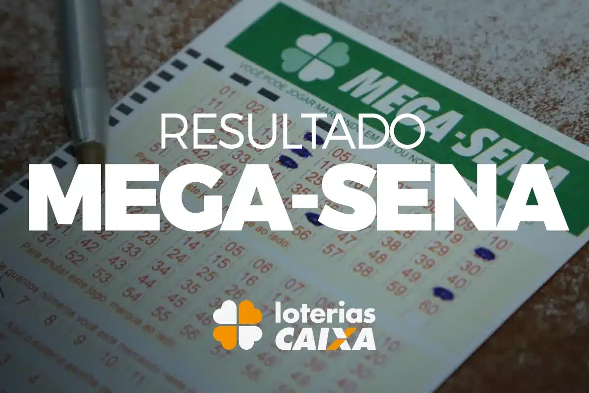 Resultado da Mega-Sena. Bilhetes de Mega-Sena exibidos em leque com destaque para o resultado do sorteio e marca da Loterias Caixa.