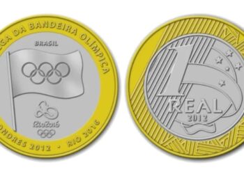 Moeda rara de 1 real comemorativa da Entrega da Bandeira Olímpica (Londres 2012 e Rio 2016), com o valor de face R$ 1 e o ano 2012.
