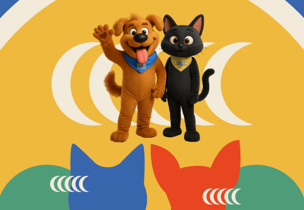 Mascotes de cachorro e gato do programa. Mascotes de cachorro e gato sorridentes com lenços azuis em fundo colorido.