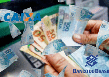 Cédulas de reais e logotipos da Caixa e Banco do Brasil representam pagamento de até R$ 1.518 nesta quarta-feira.
