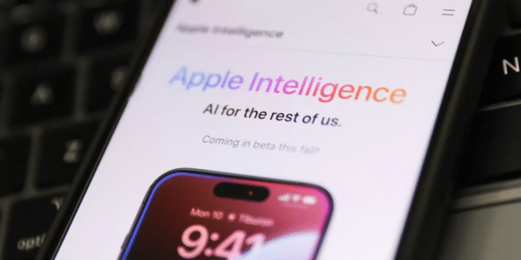 Tela do iPhone 15 Pro exibindo anúncio da Apple Intelligence com IA chegando em versão beta neste outono