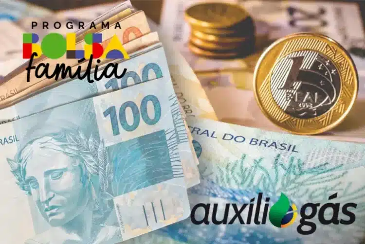 Notas de 100 reais e moeda de 1 real ao lado dos logotipos dos programas Bolsa Família e Auxílio Gás, representando os valores dos benefícios de outubro.