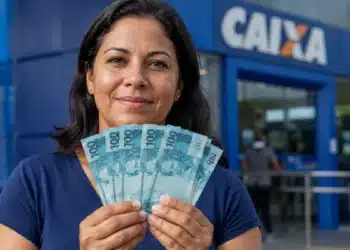 Mulher segurando cédulas de R$ 100 em frente a uma agência da Caixa, representando pagamentos do Bolsa Família em julho.