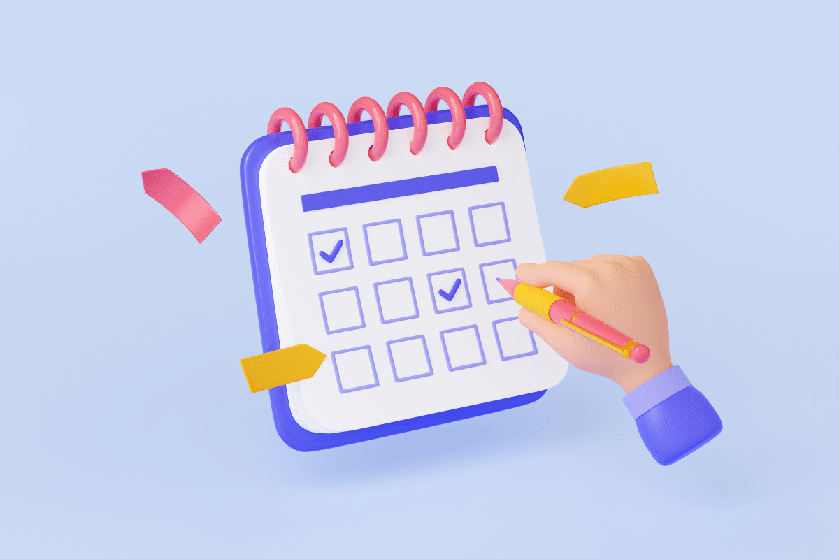  Ilustração de calendário com caixas de seleção e mão marcando datas com caneta colorida