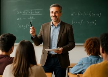 Professor ensinando álgebra em uma sala de aula, com equações matemáticas no quadro negro.
