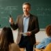 Professor ensinando álgebra em uma sala de aula, com equações matemáticas no quadro negro.